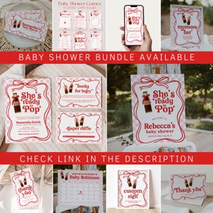 May include: A collection of baby shower stationery and games with a red and white theme. Items include invitations, game cards, a phone screen, a sign, and thank you cards. The phrase "She's Ready to Pop" is featured prominently.