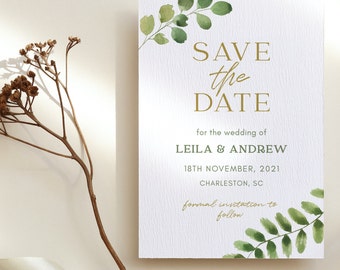 Greenery Wedding Save the Date Cards Template, Eucalyptus Wedding DIY Save the Date, Watercolor Garden Engagement, Digital Download | LEILA