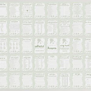 May include: A collection of printable wedding game cards with various activities, including "The Groom Says?", "Bucket List", and "Wedding Traditions". Each card features a decorative border and text in a light green color.