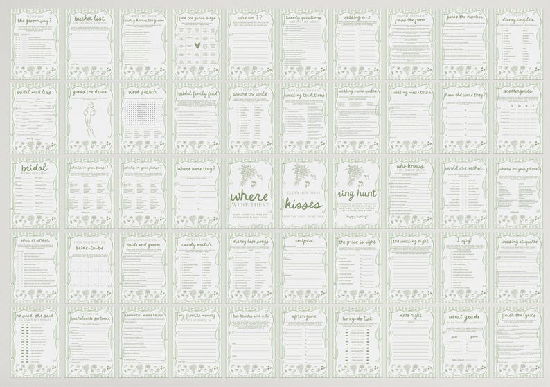 May include: A collection of printable wedding game cards with various activities, including "The Groom Says?", "Bucket List", and "Wedding Traditions". Each card features a decorative border and text in a light green color.
