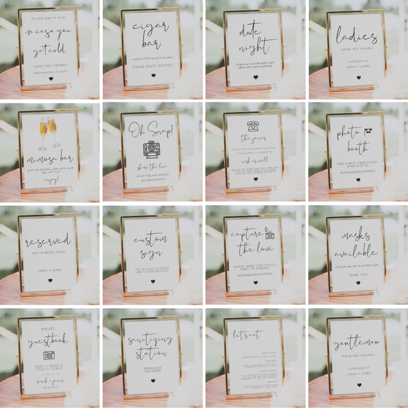 May include: A set of 16 gold-framed signs with white backgrounds and black text. The signs are for a wedding and include information such as "in case you get cold", "cigar bar", "date night", "ladies", "mimosa bar", "oh snap!", "the vows", "photo booth", "reserved", "custom sign", "capture the love", "masks available", "photo guestbook", "sanitizing station", "let's eat", and "gentlemen".