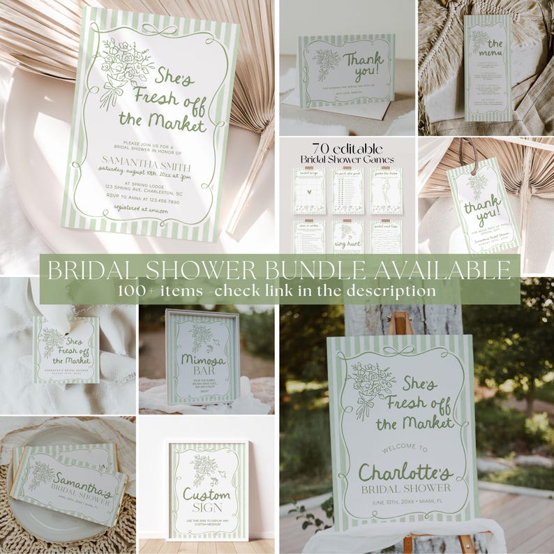 May include: A collection of light green and white bridal shower stationery items. Includes invitations, thank you cards, menu cards, game cards, and signs. The text "She's Fresh off the Market" is featured on several items. The bundle is available.
