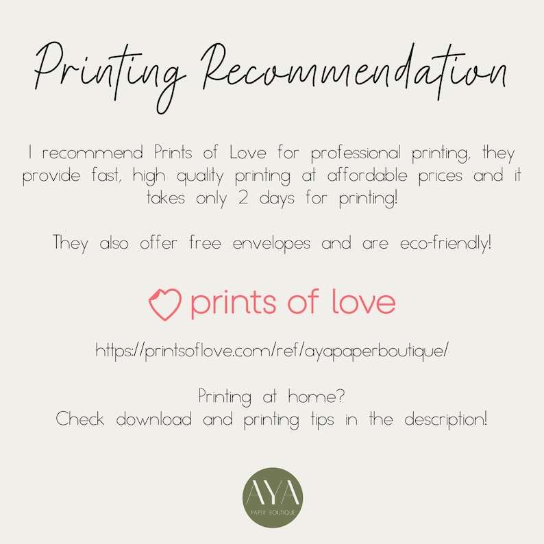 Pu&ograve; includere: Un'immagine di testo con il titolo "Raccomandazione di stampa" e una raccomandazione per utilizzare Prints of Love per la stampa professionale. L'immagine include un collegamento a Prints of Love e un'icona a forma di cuore con il testo "prints of love".