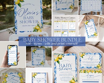 Mediterranean Lemon Baby Shower Invitation Bundle, Italian Blue Tiles Baby Shower Bundle Template, Citrus Baby Shower Decorations | GIA
