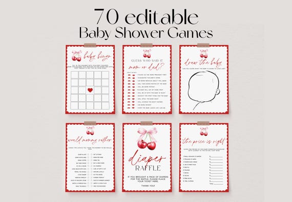 70 Baby Shower Games, Cherry Baby Shower Game Bundle, Cherry on Top Baby Shower Bundle, Baby Party Games, Pink Bow Baby Games | CHERRY