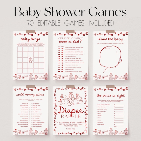 70 Baby Shower Games, Merry Little Baby Shower Game Bundle, Christmas Baby Party Games, Hand Drawn Baby Games | FROST