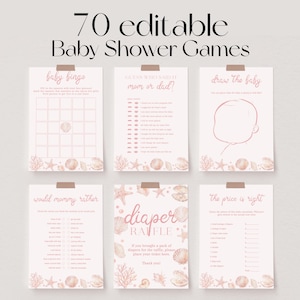 May include: A collection of 70 editable baby shower games printed on light pink paper with seashell and coral illustrations. The set includes game sheets titled Baby Bingo, Mom or Dad, Draw the Baby, Would Mummy Rather, Diaper Raffle, and The Price is Right.