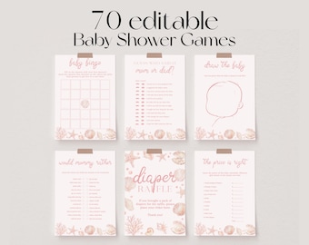 May include: A collection of 70 editable baby shower games printed on light pink paper with seashell and coral illustrations. The set includes game sheets titled Baby Bingo, Mom or Dad, Draw the Baby, Would Mummy Rather, Diaper Raffle, and The Price is Right.