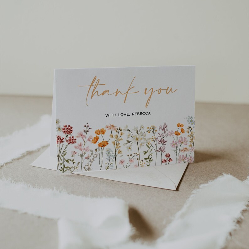 Wildflower Thank You Card Template, Boho Floral Thank You Card ...