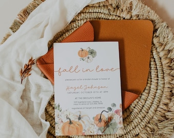 Fall in Love Bridal Shower Invitation Template, Autumn Bridal Shower Invite, Fall Bridal Shower Invitation, Boho Floral Shower | HAZEL