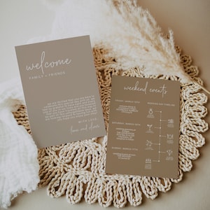 Beige Wedding Timeline Template, Modern Wedding Weekend Events, Destination Wedding Itinerary, Wedding Weekend Schedule, Welcome Bag | LUNA