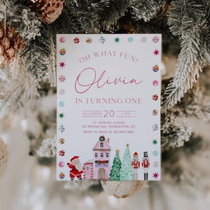 Pink Christmas First Birthday Invitation Template, Oh What Fun Christmas Birthday Invitation, Holiday First Birthday Invite Winter | LENA