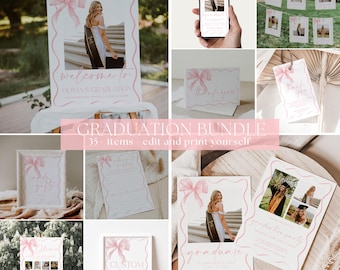 Coquette Graduation Invitation Bundle, Pink Bow Graduation Party Invitation Bundle, Photo Graduation Announcement, Grad Party Invite | BOW