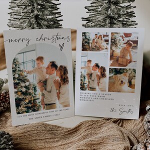 Tarjeta navideña boho, plantilla de tarjeta navideña con foto, tarjeta navideña con arco, tarjeta navideña minimalista, tarjeta fotográfica de feliz Navidad editable /LAURA