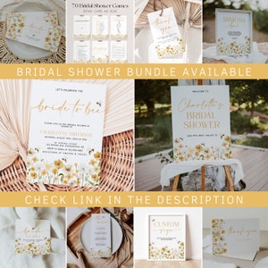 Pu&ograve; includere: Un set di inviti per un addio al nubilato con un tema di api e fiori. L'invito presenta un design floreale giallo e bianco con api e il testo "bride to bee". Il cartello di benvenuto presenta il testo "Benvenuti all'addio al nubilato di Charlotte".
