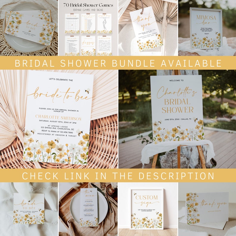 Pu&ograve; includere: Un set di inviti per un addio al nubilato con un tema di api e fiori. L'invito presenta un design floreale giallo e bianco con api e il testo "bride to bee". Il cartello di benvenuto presenta il testo "Benvenuti all'addio al nubilato di Charlotte".
