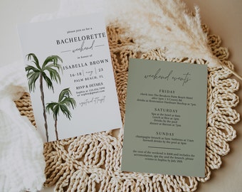 Palm Tree Bachelorette Invitation Template, Beach Bachelorette Weekend Itinerary Template, Tropical Bachelorette Invite, Palm Springs | ARIA