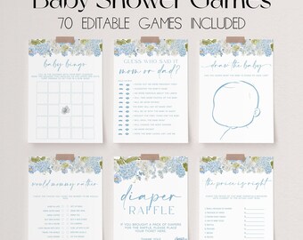 Puede incluir: Un conjunto de tarjetas de juego de baby shower imprimibles con diseños florales azules y blancos. Los juegos incluyen "Baby Bingo", "Adivina quién lo dijo Mamá o Papá?", "Dibuja al bebé", "¿Qué preferiría Mamá?", "Rifa de pañales", y "El precio es correcto".