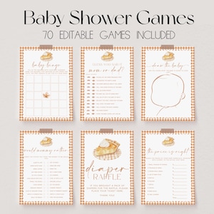 May include: A collection of printable baby shower games, including bingo, "Guess Who Said It," and "Draw the Baby." Each game is designed with a rustic, gingham-style border and features a pie graphic. The set includes 70 editable games.