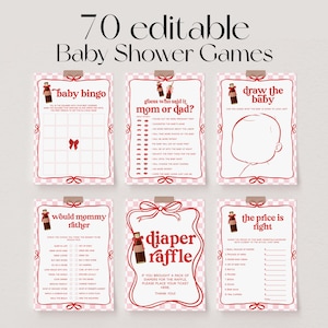 以下が含まれることがあります： ピンクと白のチェック柄の背景に、6枚のベビーシャワーゲームカードが並んでいます。各カードには赤い縁取りがあり、「ベビービンゴ」や「おむつラッフル」など、さまざまなゲームが紹介されています。「70個の編集可能なベビーシャワーゲーム」というテキストが上部にあります。