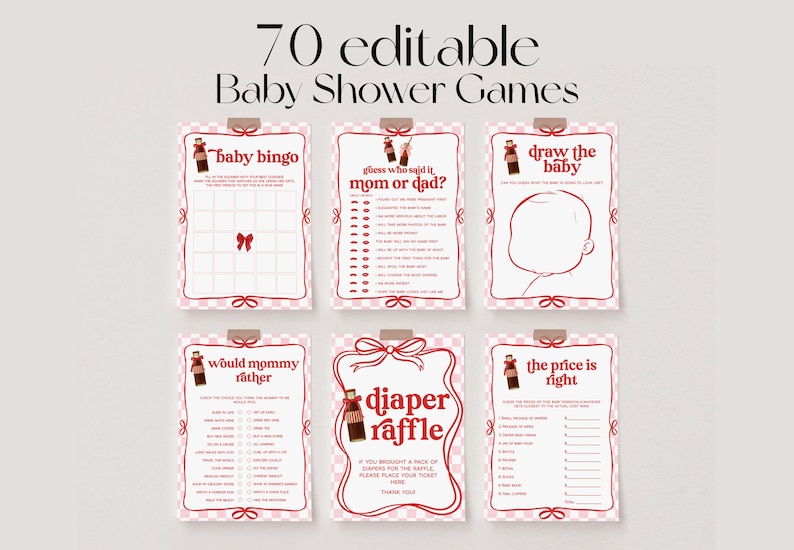 May include: A set of six baby shower game cards with a pink and white checkered background. Each card has a red border and features a different game, including "Baby Bingo" and "Diaper Raffle". The text "70 editable Baby Shower Games" is at the top.