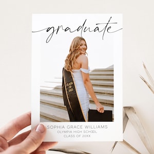 May include: A graduation announcement card with a photo of a person wearing a white dress and a black graduation gown. The text on the card reads "graduate", "Sophia Grace Williams", "Olympia High School", and "Class of 20XX".