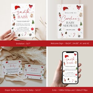Może przedstawiać: Zestaw papeterii na baby shower w świątecznym klimacie. Projekty zawierają czapkę Świętego Mikołaja, czerwone kokardy i świąteczne ilustracje. Zawiera zaproszenie, znak powitalny, loterię pieluch i karty książek dla dziecka.