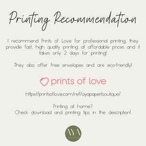 May include: A white informational card with black text titled Printing Recommendation. It suggests Prints of Love for professional printing, includes their logo, website URL, and a note about home printing tips, ending with an AYA Paper Boutique logo.
