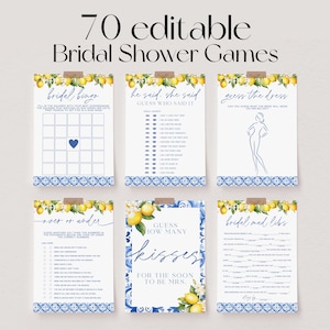 May include: Seven printable bridal shower games with lemon and blue tile designs. Games include "Bridal Bingo", "He Said, She Said", "Guess the Dress", "Over or Under", "Guess How Many Kisses", and "Bridal Mad Libs". The text "70 editable Bridal Shower Games" is at the top.