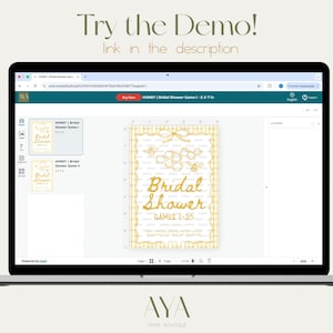 May include: A laptop displays a bridal shower game design. The design features gold text that reads "Bridal Shower GAMES 1-35" with bee and honeycomb graphics. The screen also shows the text "Try the Demo! link in the description."