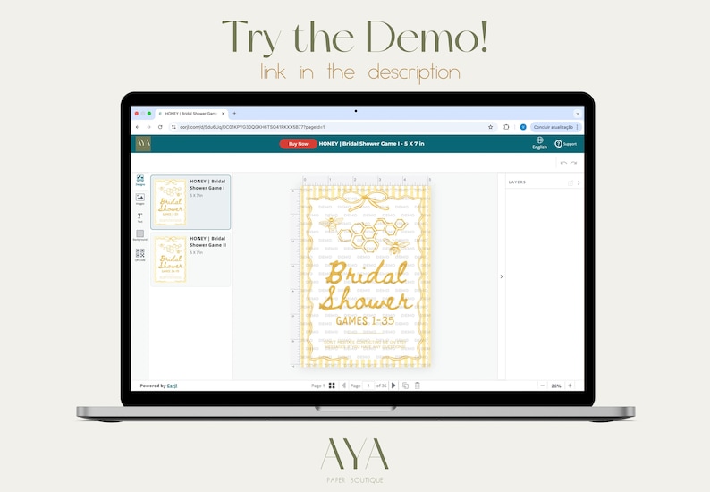 May include: A laptop displays a bridal shower game design. The design features gold text that reads "Bridal Shower GAMES 1-35" with bee and honeycomb graphics. The screen also shows the text "Try the Demo! link in the description."