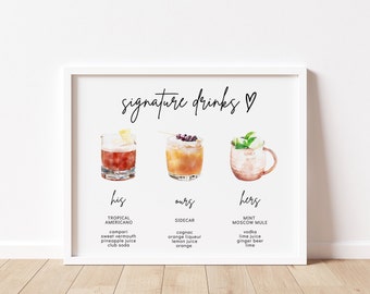 Signature Drinks Sign Template, Printable Signature Cocktails Sign, Editable Bar Menu Sign, Modern His and Hers Bar Sign DIY | GRACE