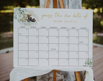 Winnie the Pooh Guess the Due Date Calendar Sign Template, Baby Due Date Sign, Guess the Birthday Baby Shower Game, Baby Birth Date | POOH