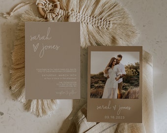 Minimalist Wedding Invitation Template, Beige Modern Wedding Invite Printable, Photo Wedding Invitation, Boho Wedding Evite | LUNA