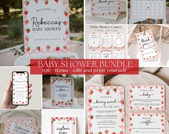 Berry Sweet Baby Shower Bundle Template, Strawberry Baby Shower Invitation, Pink Gingham Shower Decorations | BERRY