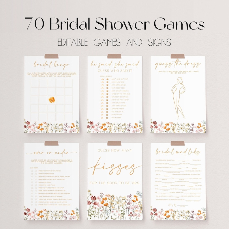 May include: A collection of six printable bridal shower games and signs. The games include "Bridal Bingo," "He Said, She Said," "Guess the Dress," "Over or Under," "Guess How Many Kisses," and "Bridal Mad Libs." Each game has a floral border.