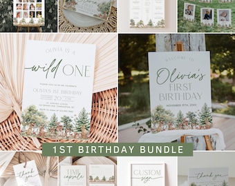 Woodland First Birthday Invitation Bundle, Wild One 1st Birthday Invitation Template, Forest Animals Birthday Decorations | DEER