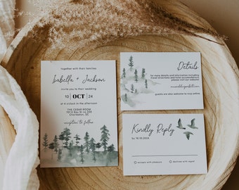 Pine Tree Wedding Invitation Template Suite, Mountain Wedding Invitation Set, Forest Wedding Invite, Photo Wedding Invitation Printable |MAE