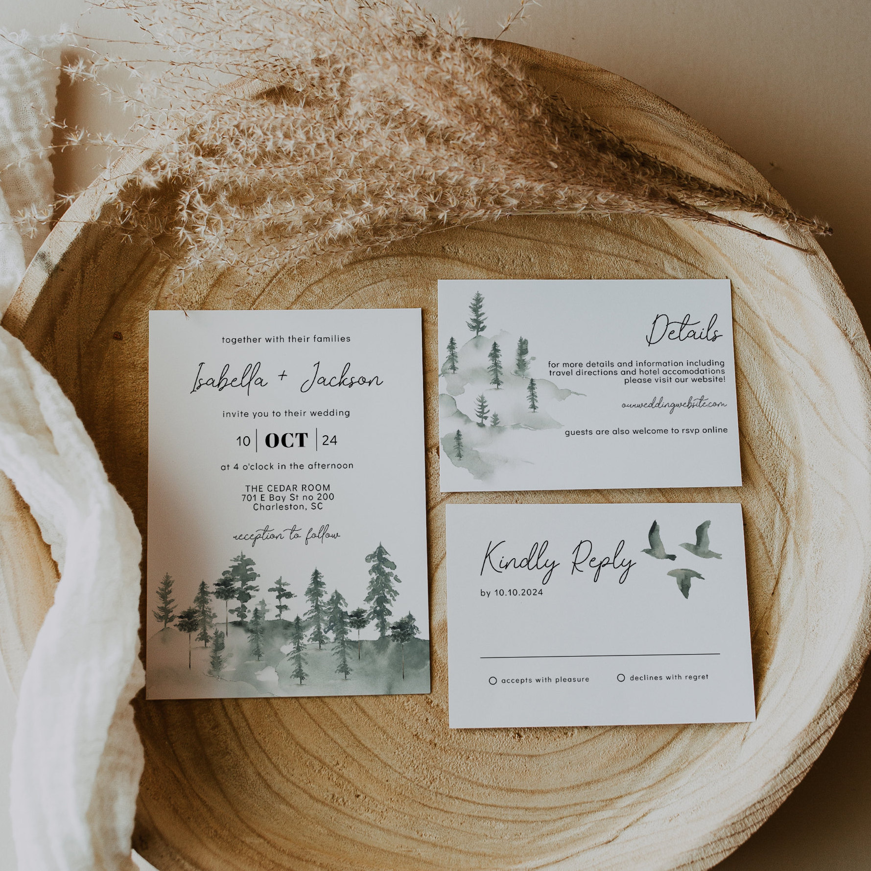 Pine Tree Wedding Invitation Template Suite Mountain Wedding | Etsy