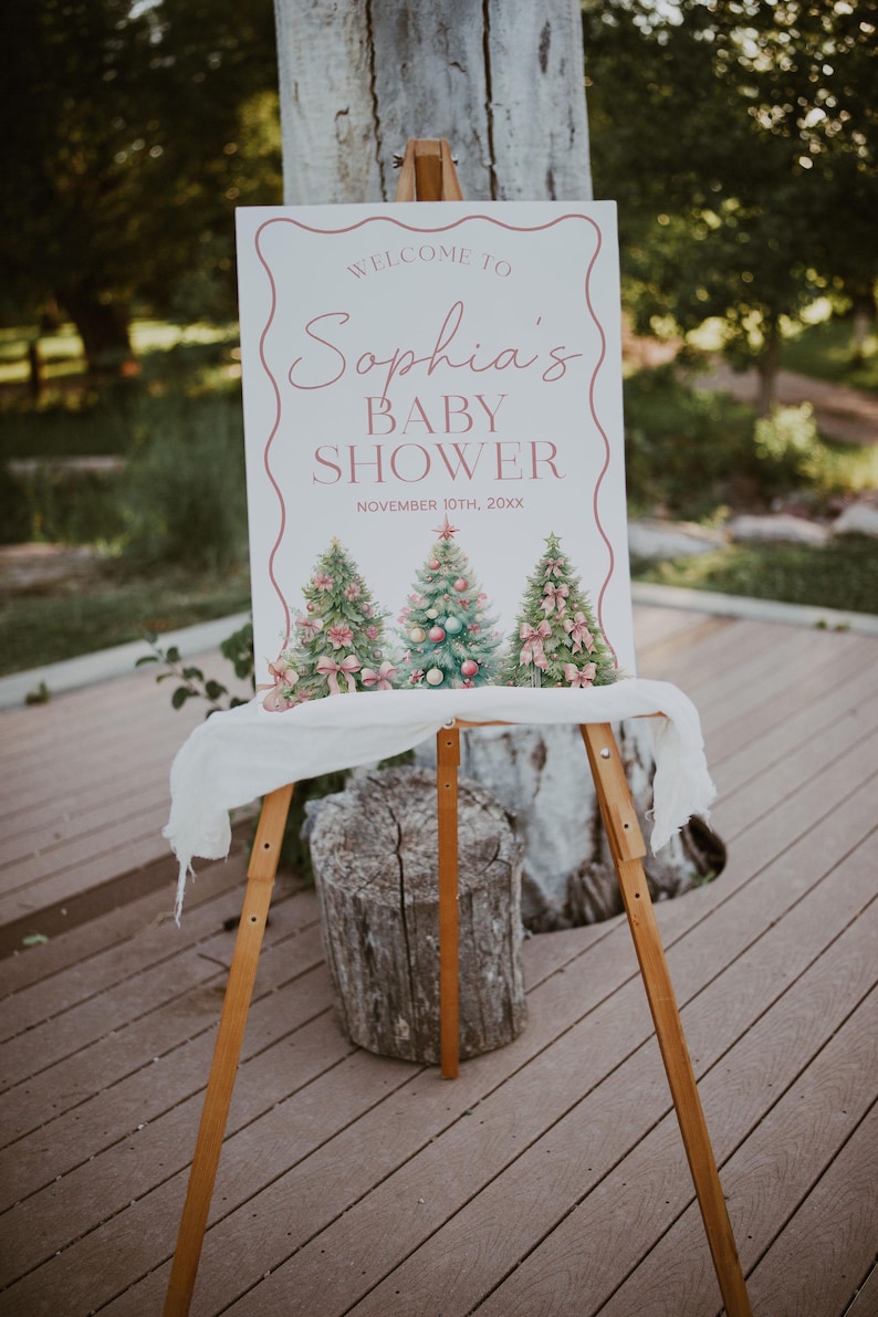 Pink Christmas Baby Shower Welcome Sign, Merry Little Baby Shower Welcome Poster, Winter Welcome Sign, Holiday Baby Shower Sign | BELLE image 4