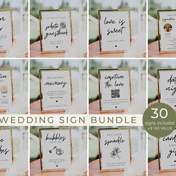 Wedding Signs Bundle, 30 Modern Wedding Signs Template, Minimalist Wedding Bundle, Reception Sign Bundle, Instant Download | CLAIRE