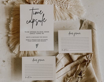 May include: A set of cream-colored time capsule cards. The main card reads "Time capsule" and includes instructions to write a message for Grace, to be opened in 2039. Two smaller cards say "dear grace" and have lined spaces for writing.