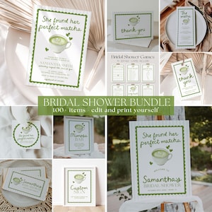 Puede incluir: Un conjunto de papelería para despedida de soltera con temática de matcha. Incluye invitaciones, tarjetas de agradecimiento, menús, juegos y letreros. Los diseños presentan una combinación de colores verde y blanco con una ilustración de taza de matcha.