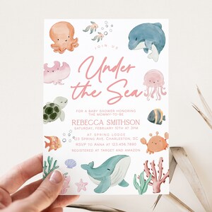 Under the Sea Baby Shower Invitation Template Set, Ocean Baby Shower Invitation, Pink Sea Animals Baby Shower Invite, Girl Baby Shower SEA image 2