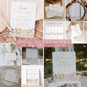May include: A collection of bridal shower stationery items, including invitations, thank you cards, and signage. The designs feature floral illustrations in soft colors, with gold lettering. The bundle includes 100 editable and printable items.
