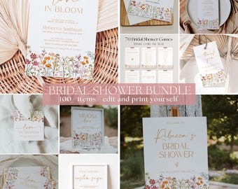 May include: A collection of bridal shower stationery items, including invitations, thank you cards, and signage. The designs feature floral illustrations in soft colors, with gold lettering. The bundle includes 100 editable and printable items.