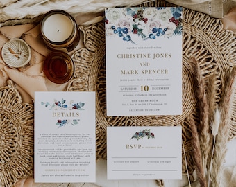 May include: A wedding invitation suite featuring a floral design. The invitation features a watercolour illustration of blue and white flowers with red berries. The text reads "Christine Jones and Mark Spencer" and "Saturday, 10 December". The RSVP card features a similar floral design and the text "RSVP by December 2019".