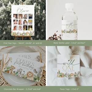 May include: A collection of party supplies with a safari theme. Includes a sign with photos, water bottle labels, chocolate bar wrappers, and favor tags. The items feature illustrations of animals and the text "Oliver's first birthday" and "Wild One".