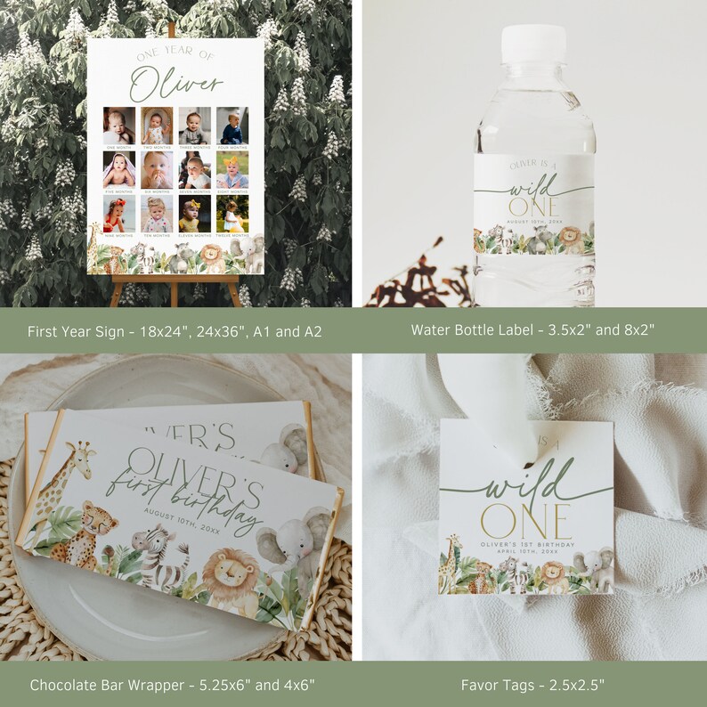May include: A collection of party supplies with a safari theme. Includes a sign with photos, water bottle labels, chocolate bar wrappers, and favor tags. The items feature illustrations of animals and the text "Oliver's first birthday" and "Wild One".