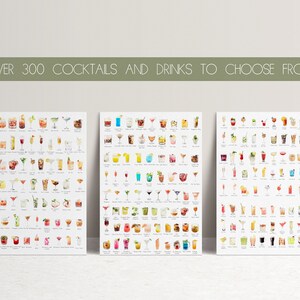 May include: Three printable posters featuring over 300 watercolor illustrations of cocktails and drinks. Each poster has a white background and features a grid of colorful cocktails.